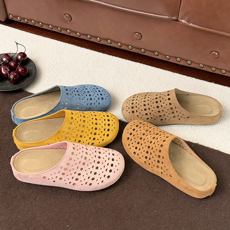 Women's Faux Suede Perforated Mules Spring Slip-On Backless Clogs Breathable Flat Shoes