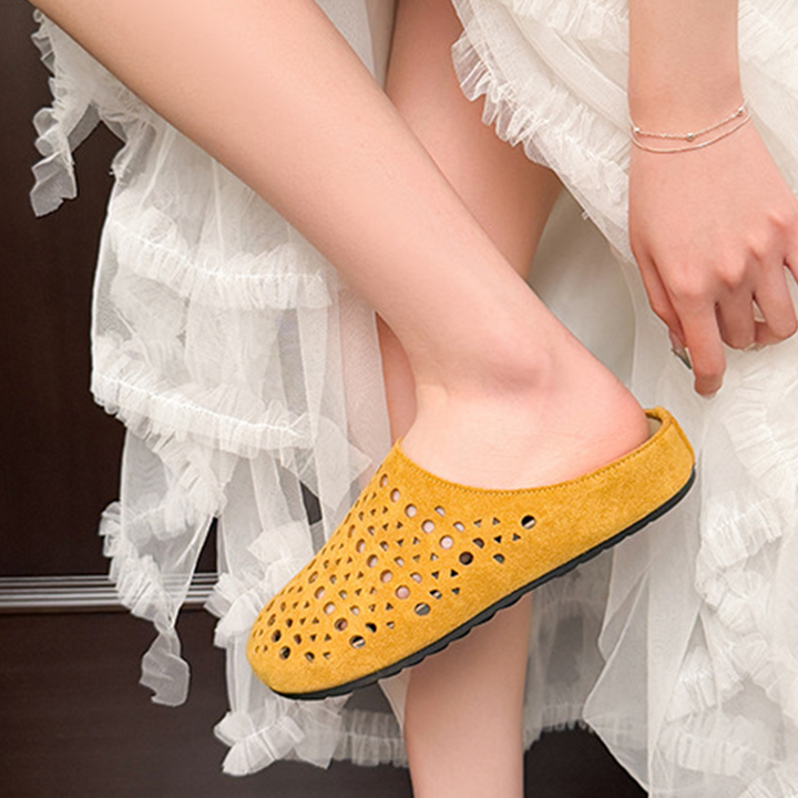 Women's Faux Suede Perforated Mules Spring Slip-On Backless Clogs Breathable Flat Shoes