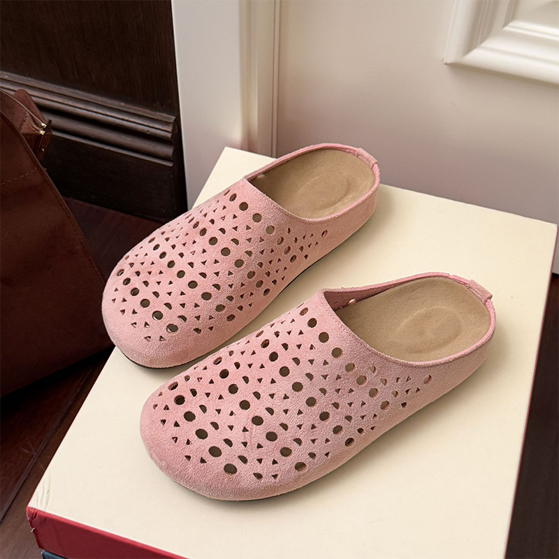 Women's Faux Suede Perforated Mules Spring Slip-On Backless Clogs Breathable Flat Shoes