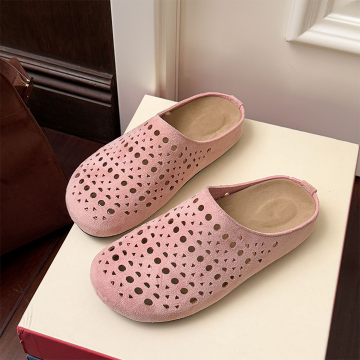 Women's Faux Suede Perforated Mules Spring Slip-On Backless Clogs Breathable Flat Shoes