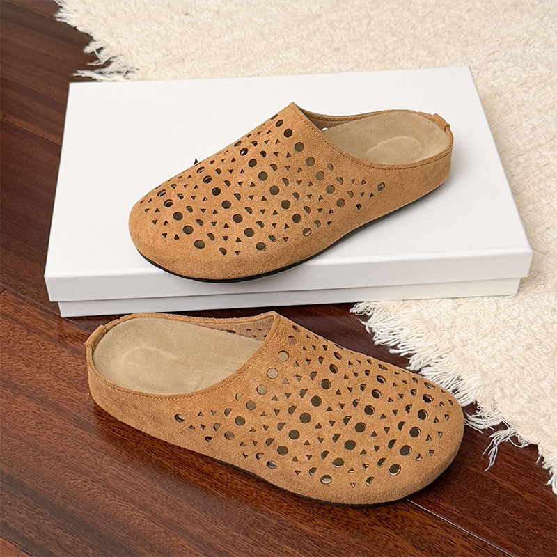 Women's Faux Suede Perforated Mules Spring Slip-On Backless Clogs Breathable Flat Shoes