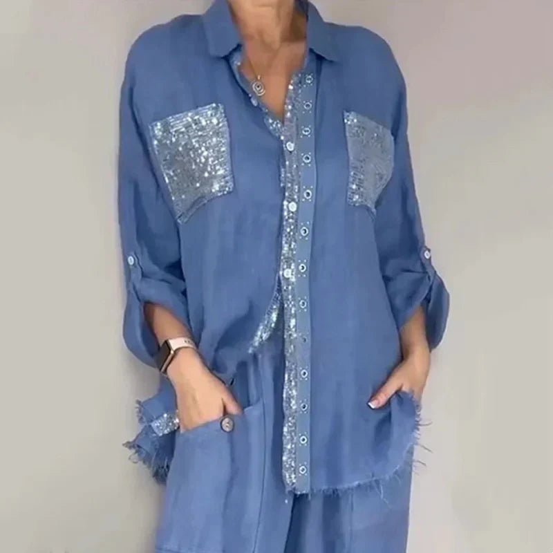 Women's Lightweight Two-Piece Shirt and Pants Set Spring Sequin Pocket Button Down Outfit