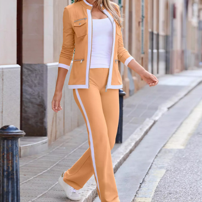 Women's Polyester Sports Tracksuit Set Autumn Zip Jacket Trousers