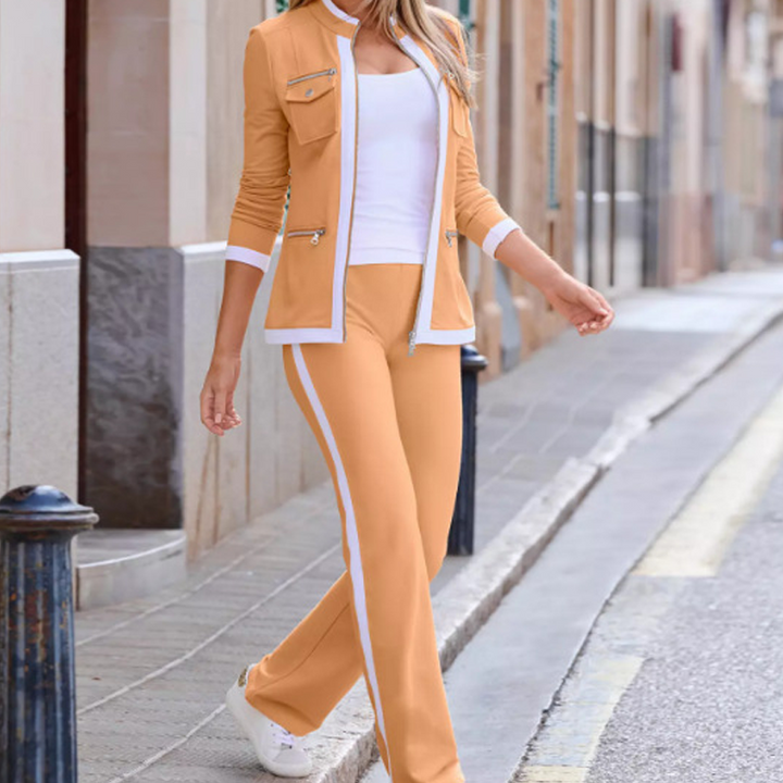 Women's Polyester Sports Tracksuit Set Autumn Zip Jacket Trousers