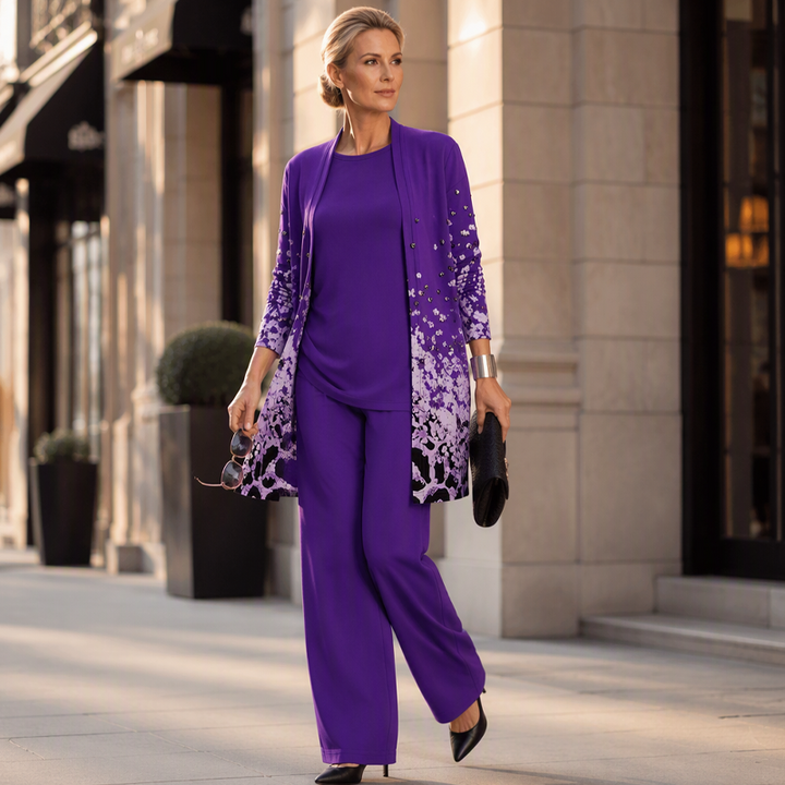Women's 3-Piece Pants Set Spring Printed Long Cardigan, Top and Wide Leg Trousers Outfit