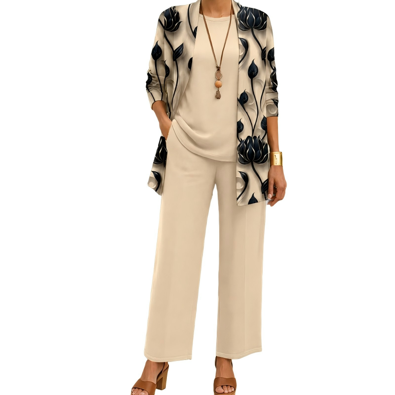 Women's 3-Piece Pants Set Spring Printed Long Cardigan, Top and Wide Leg Trousers Outfit