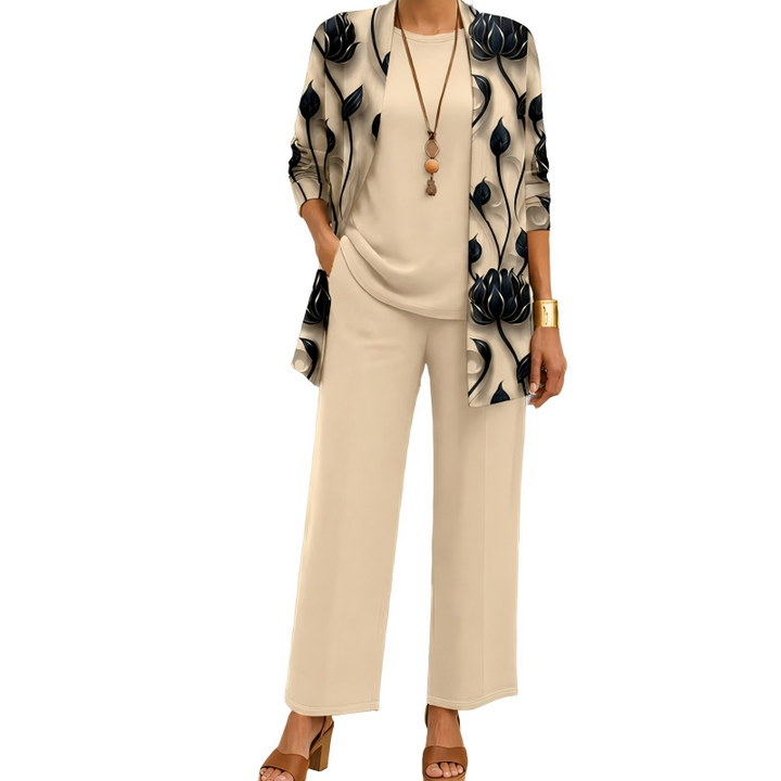 Women's 3-Piece Pants Set Spring Printed Long Cardigan, Top and Wide Leg Trousers Outfit