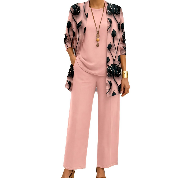 Women's 3-Piece Pants Set Spring Printed Long Cardigan, Top and Wide Leg Trousers Outfit