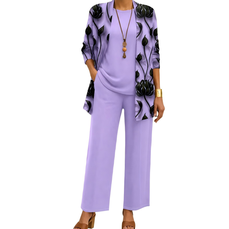 Women's 3-Piece Pants Set Spring Printed Long Cardigan, Top and Wide Leg Trousers Outfit