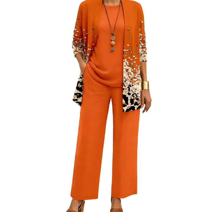 Women's 3-Piece Pants Set Spring Printed Long Cardigan, Top and Wide Leg Trousers Outfit