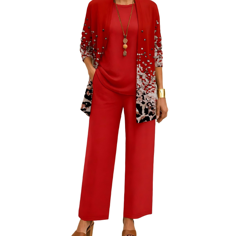 Women's 3-Piece Pants Set Spring Printed Long Cardigan, Top and Wide Leg Trousers Outfit