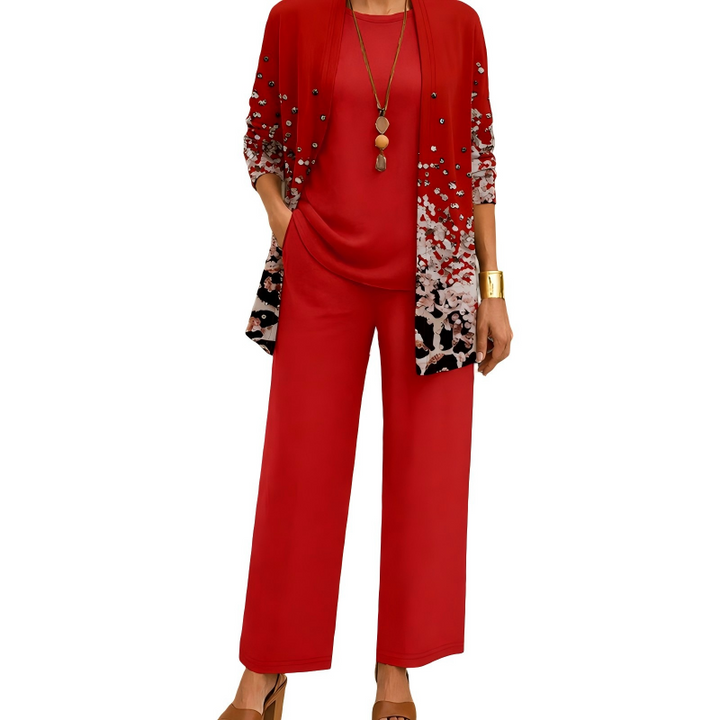 Women's 3-Piece Pants Set Spring Printed Long Cardigan, Top and Wide Leg Trousers Outfit