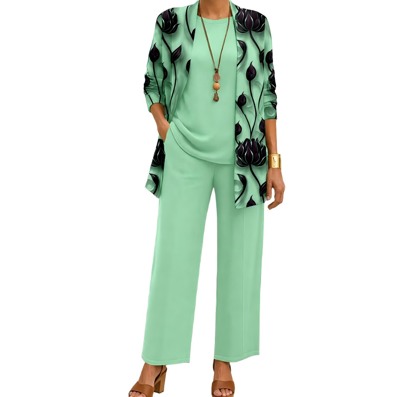 Women's 3-Piece Pants Set Spring Printed Long Cardigan, Top and Wide Leg Trousers Outfit