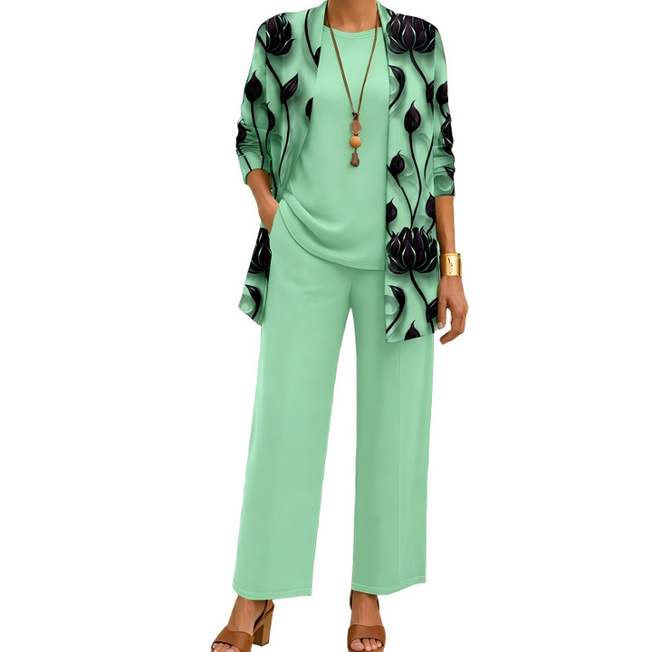 Women's 3-Piece Pants Set Spring Printed Long Cardigan, Top and Wide Leg Trousers Outfit