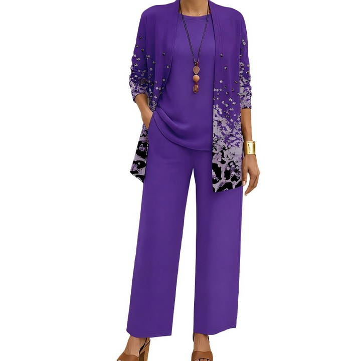 Women's 3-Piece Pants Set Spring Printed Long Cardigan, Top and Wide Leg Trousers Outfit
