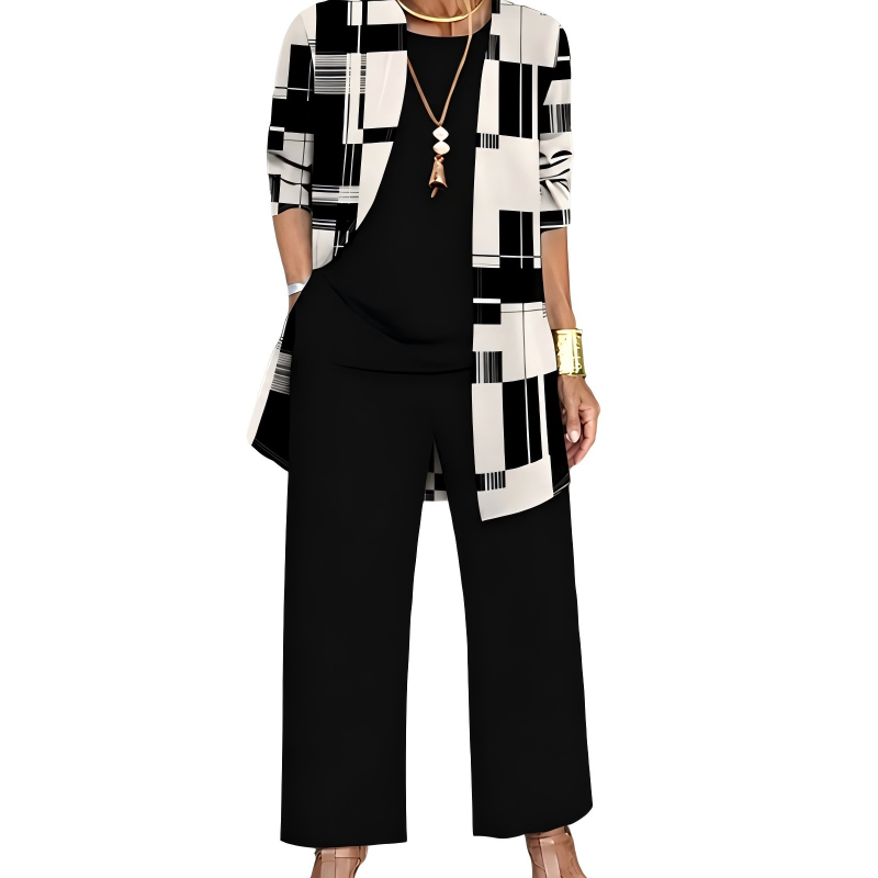 Women's 3-Piece Pants Set Spring Printed Long Cardigan, Top and Wide Leg Trousers Outfit
