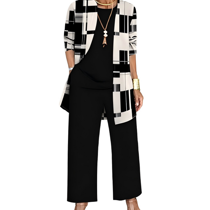 Women's 3-Piece Pants Set Spring Printed Long Cardigan, Top and Wide Leg Trousers Outfit