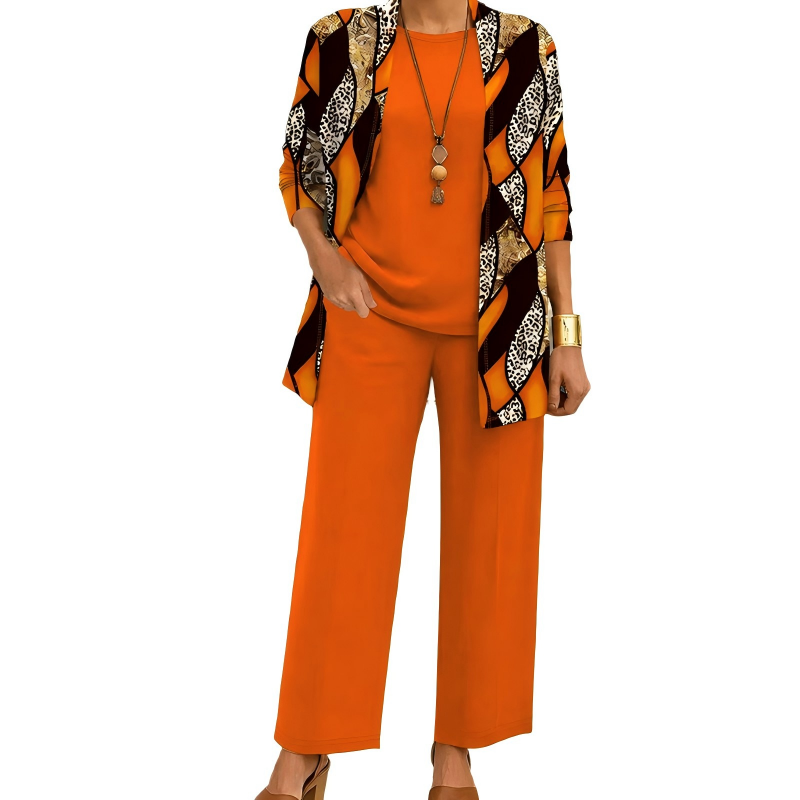 Women's 3-Piece Pants Set Spring Printed Long Cardigan, Top and Wide Leg Trousers Outfit