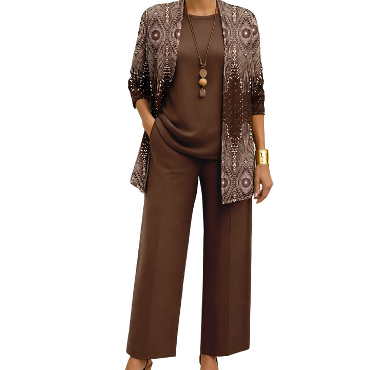 Women's 3-Piece Pants Set Spring Printed Long Cardigan, Top and Wide Leg Trousers Outfit
