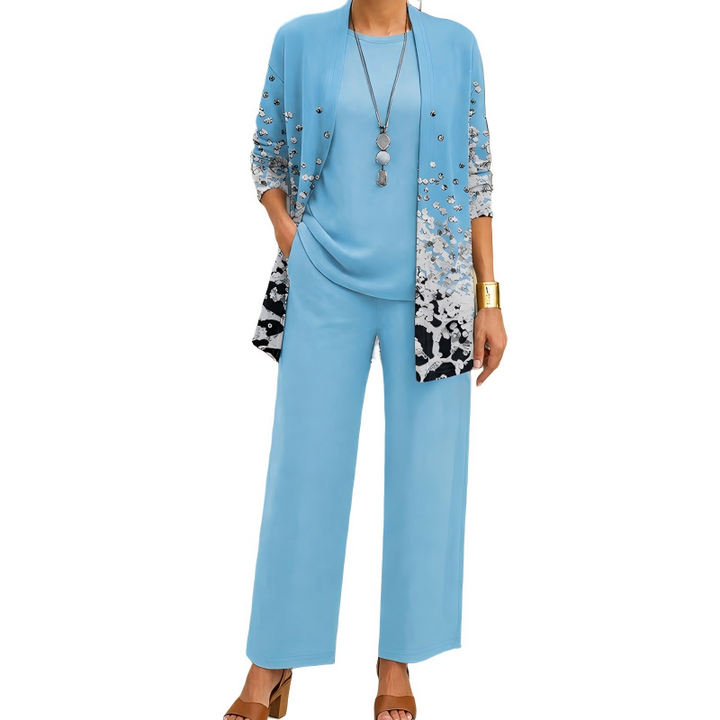 Women's 3-Piece Pants Set Spring Printed Long Cardigan, Top and Wide Leg Trousers Outfit