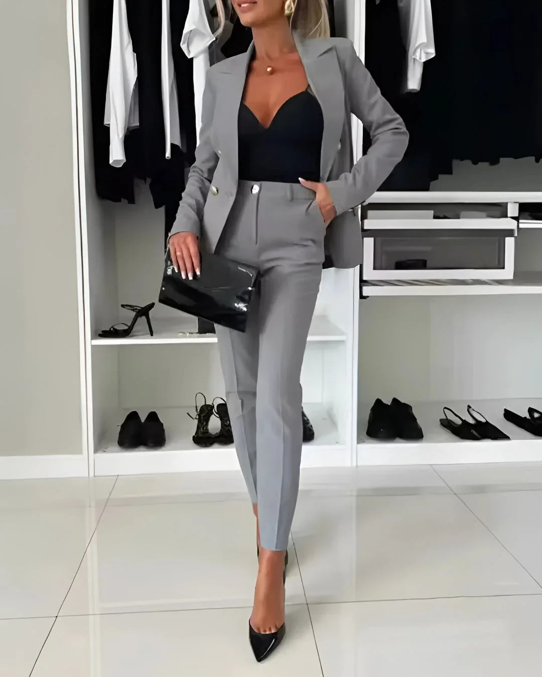 Women's Tailored Suit Set Fall Double Breasted Blazer and Pants for Business Meetings