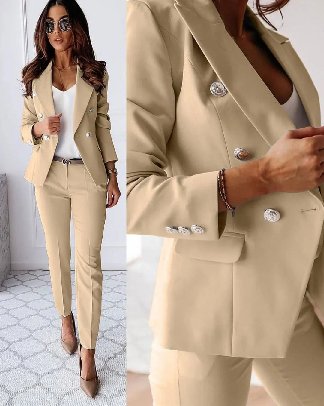 Women's Tailored Suit Set Fall Double Breasted Blazer and Pants for Business Meetings
