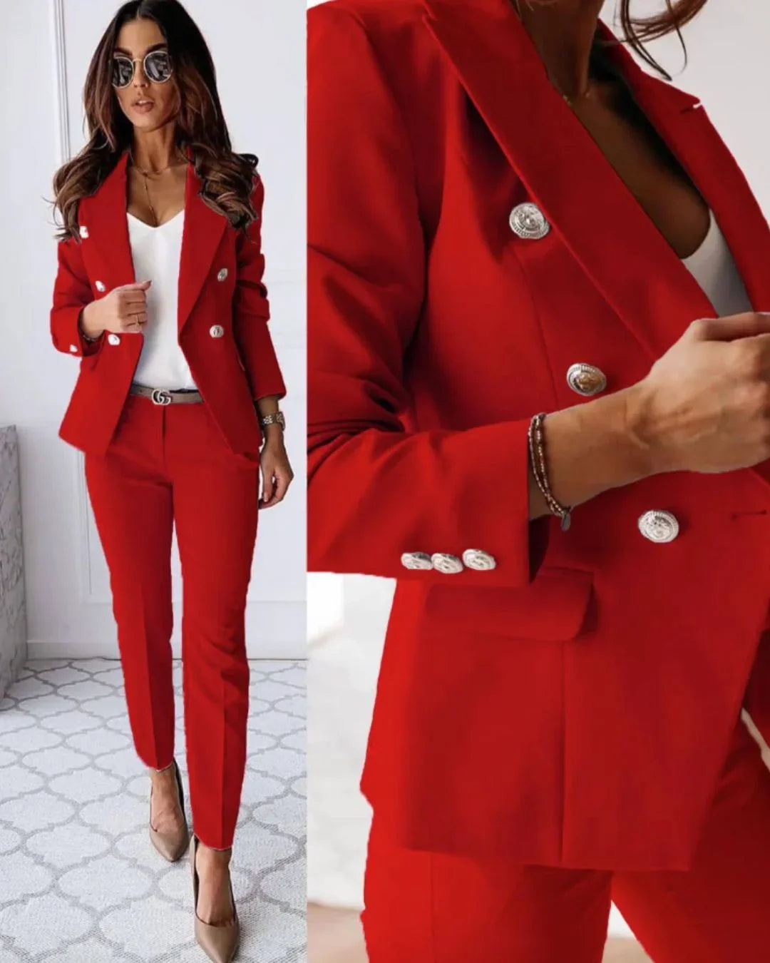 Women's Tailored Suit Set Fall Double Breasted Blazer and Pants for Business Meetings