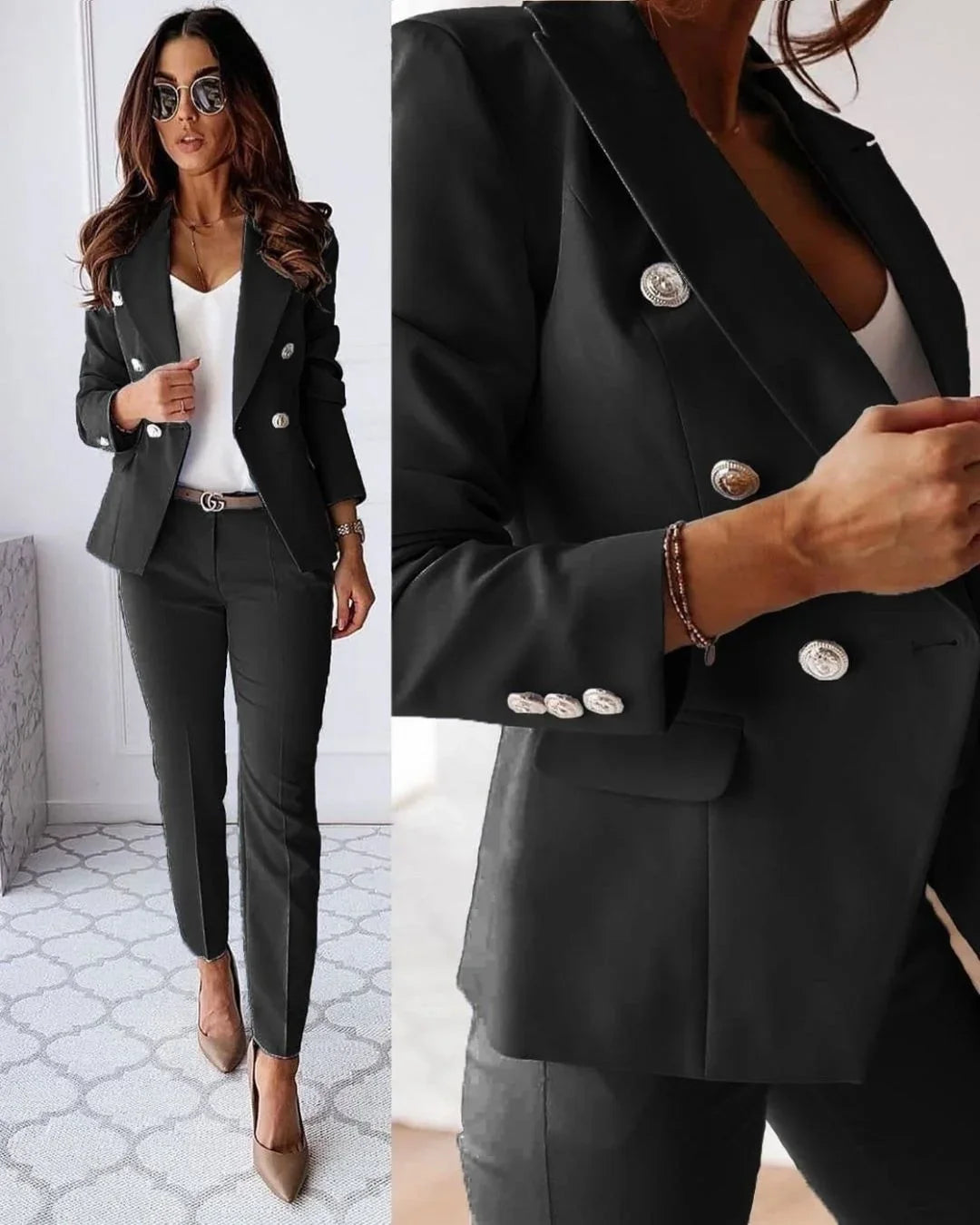 Women's Tailored Suit Set Fall Double Breasted Blazer and Pants for Business Meetings
