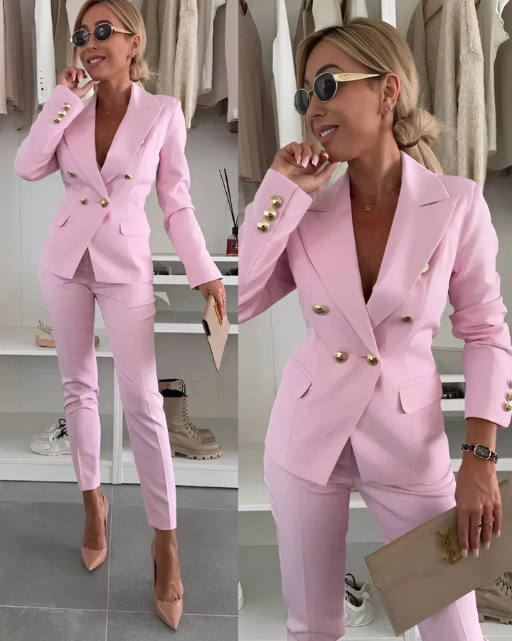 Women's Tailored Suit Set Fall Double Breasted Blazer and Pants for Business Meetings