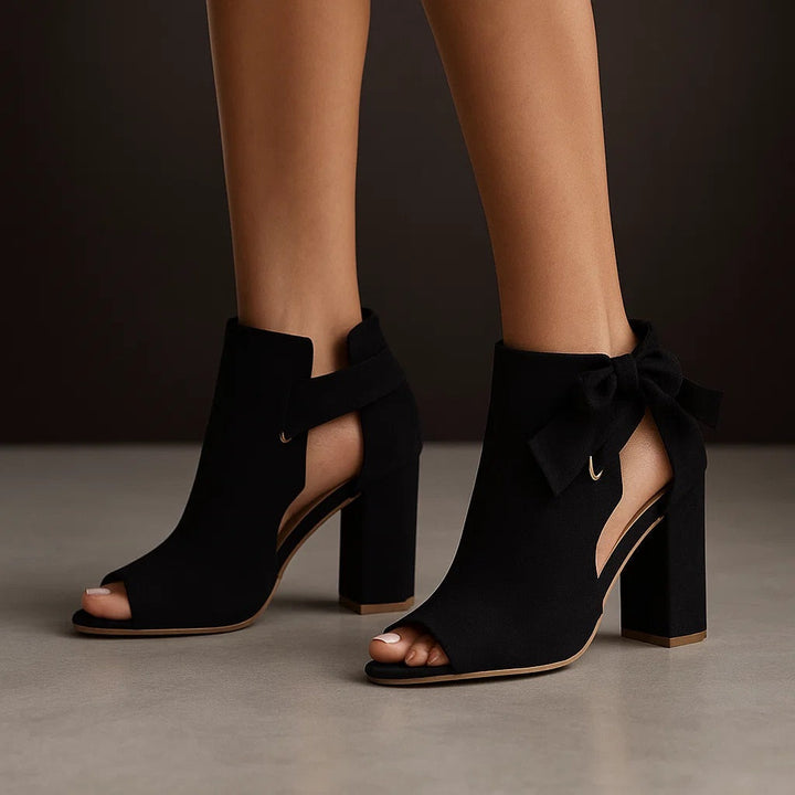 Women's Peep Toe Block Heel Sandals Spring Faux Suede Ankle Bootie Sandals with Bow Detail