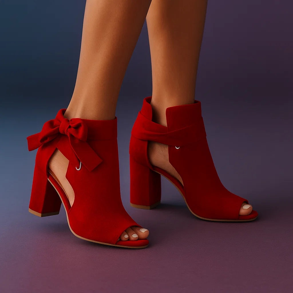 Women's Peep Toe Block Heel Sandals Spring Faux Suede Ankle Bootie Sandals with Bow Detail