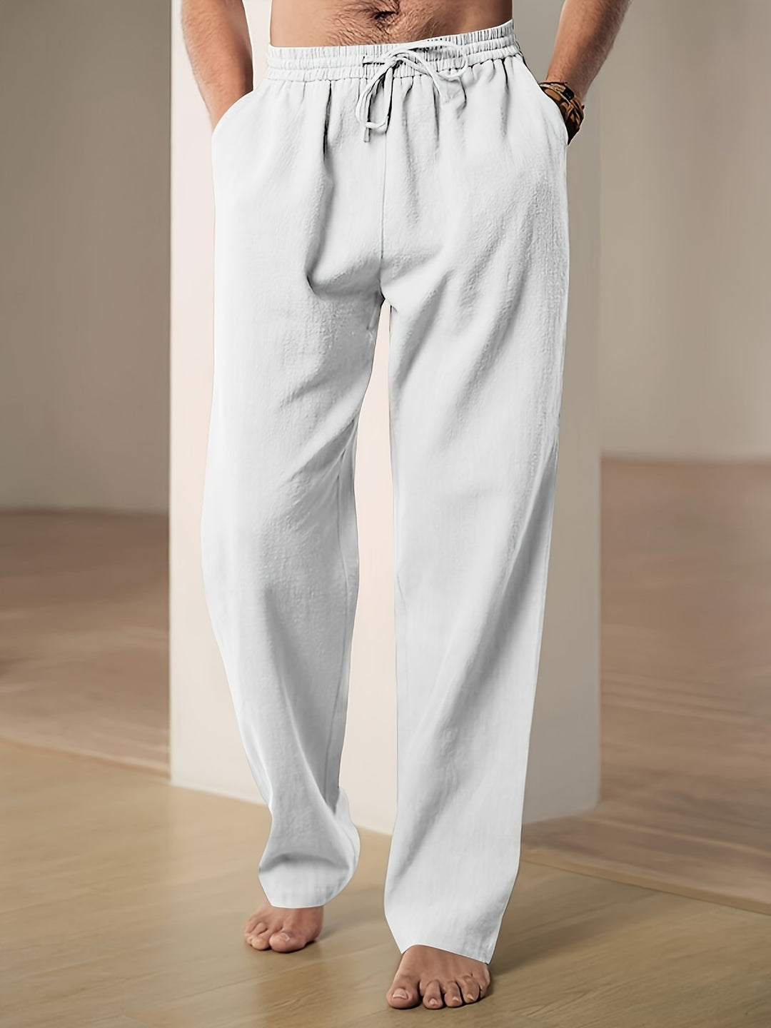 Men's Straight-Leg Elastic-Waist Linen Trousers Autumn