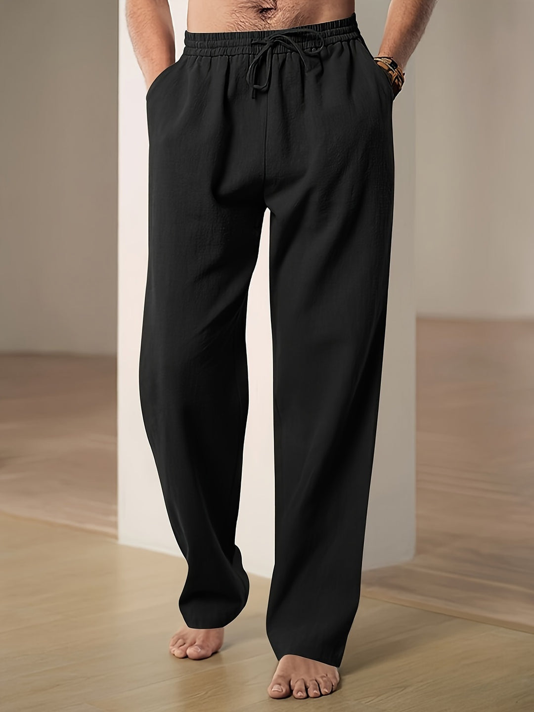 Men's Straight-Leg Elastic-Waist Linen Trousers Autumn
