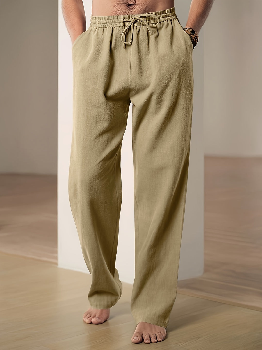 Men's Straight-Leg Elastic-Waist Linen Trousers Autumn