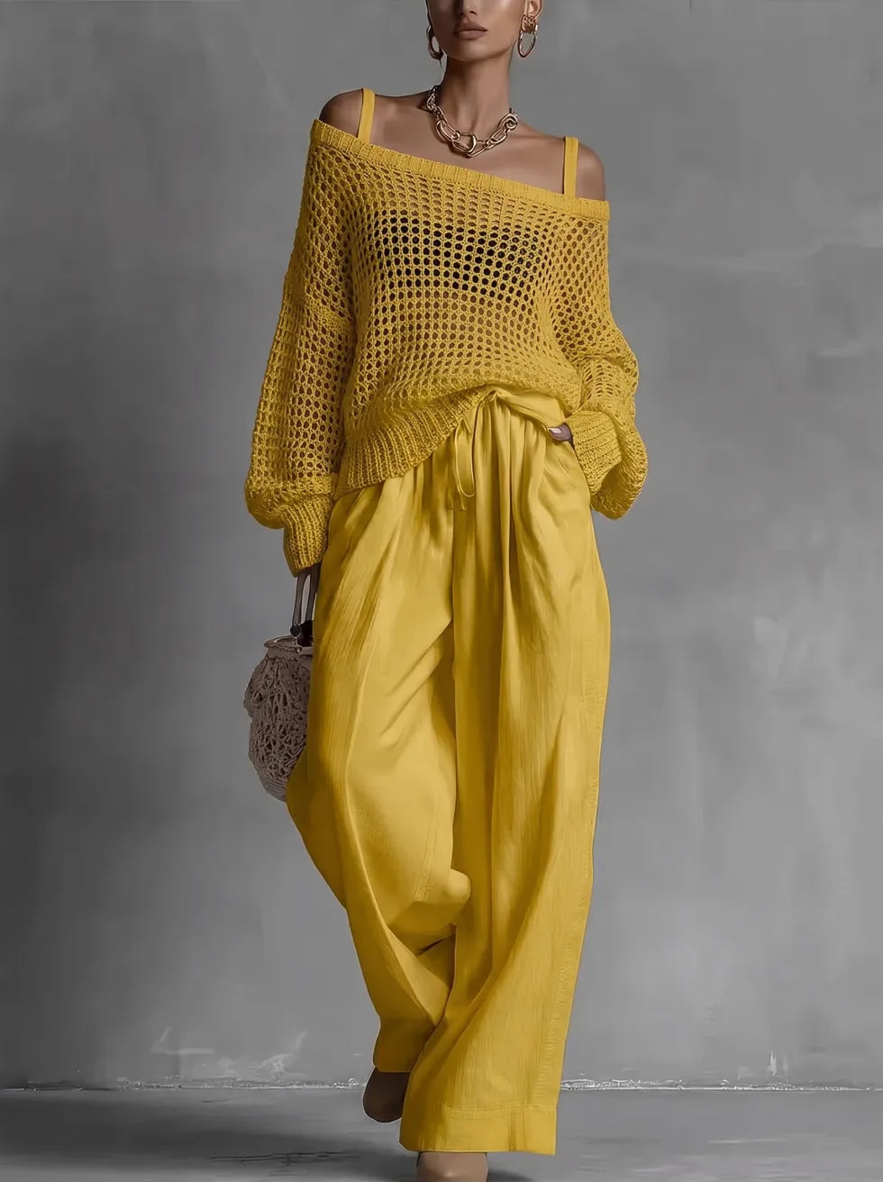 Women's Open Knit Two-Piece Set Spring Off Shoulder Sweater and Wide Leg Pants Outfit