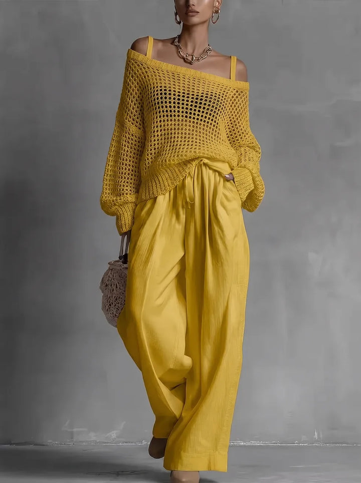 Women's Open Knit Two-Piece Set Spring Off Shoulder Sweater and Wide Leg Pants Outfit
