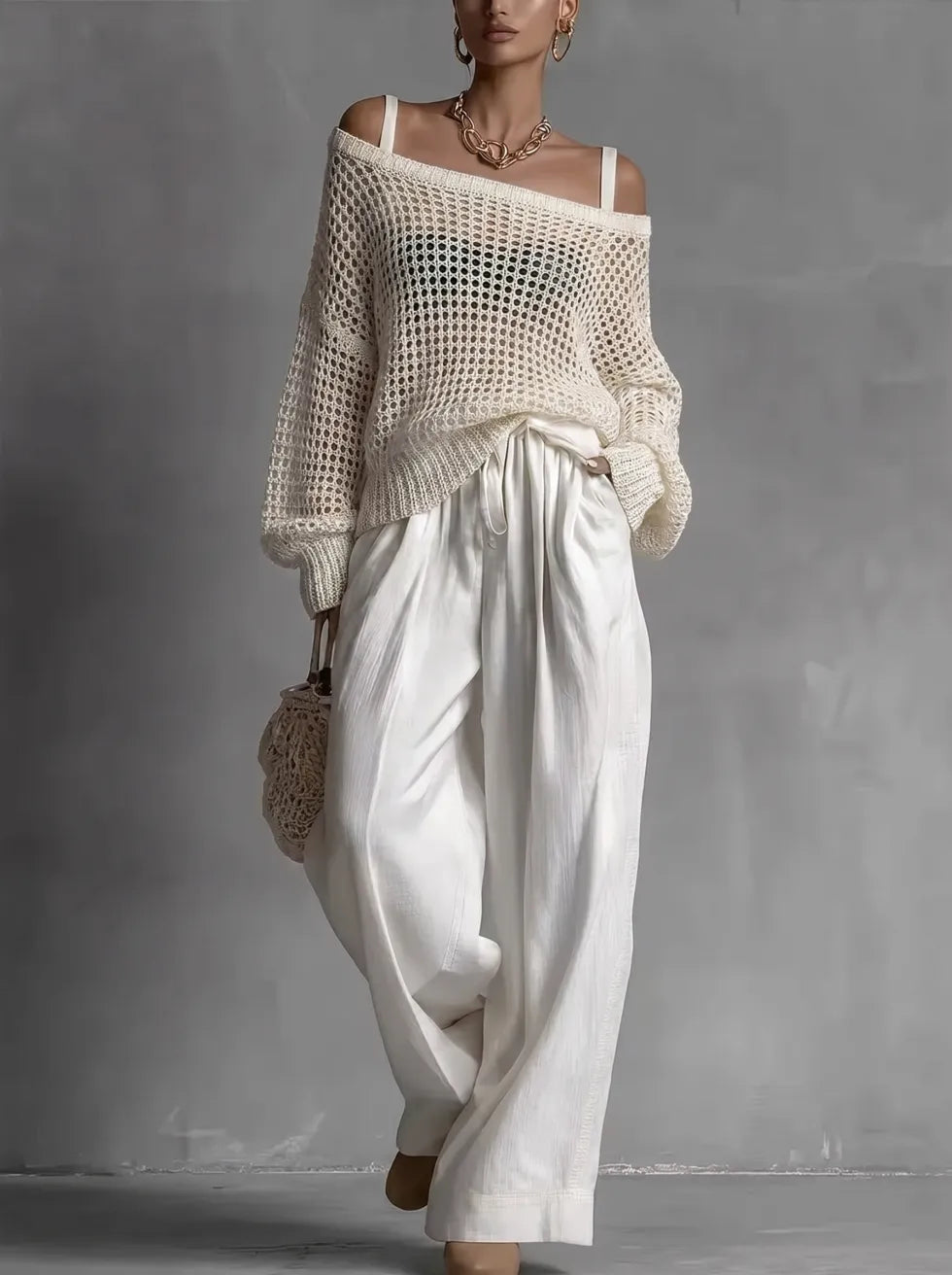 Women's Open Knit Two-Piece Set Spring Off Shoulder Sweater and Wide Leg Pants Outfit
