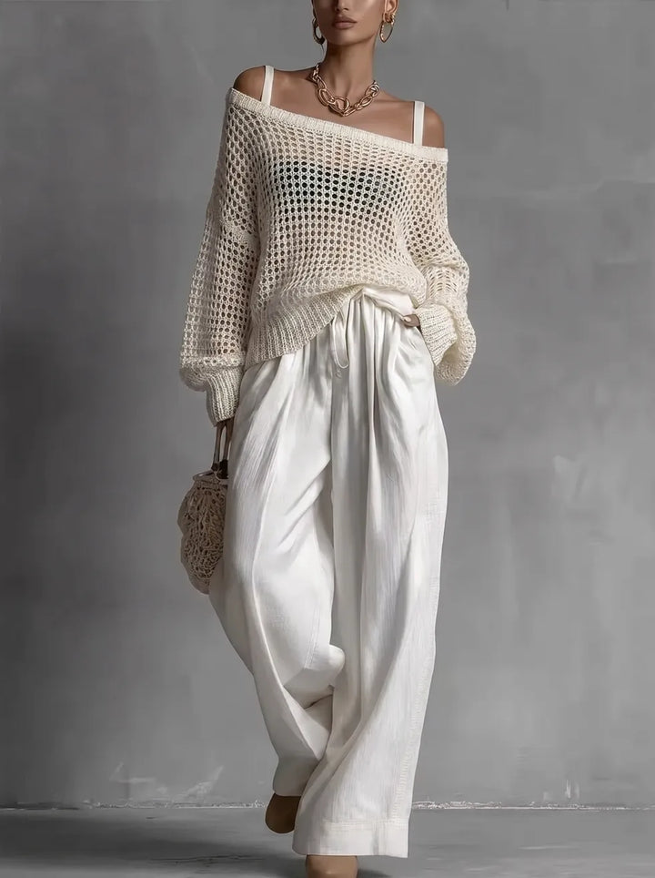 Women's Open Knit Two-Piece Set Spring Off Shoulder Sweater and Wide Leg Pants Outfit