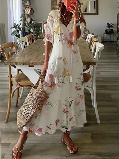 Women's Bohemian Maxi Dress with V-Neck and Flowy Fit for Autumn Casual Wear