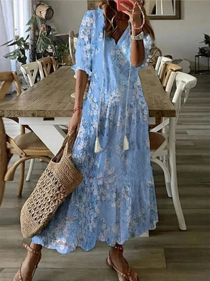 Women's Bohemian Maxi Dress with V-Neck and Flowy Fit for Autumn Casual Wear