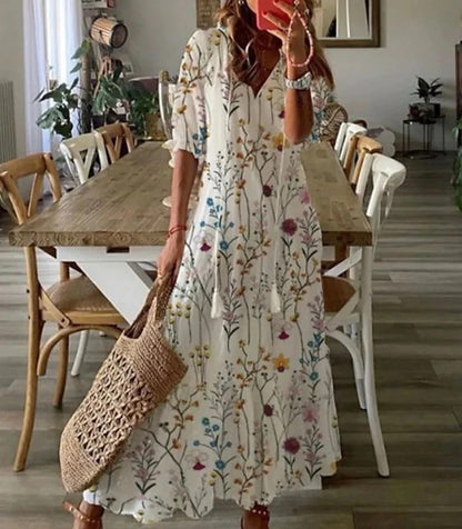 Women's Bohemian Maxi Dress with V-Neck and Flowy Fit for Autumn Casual Wear