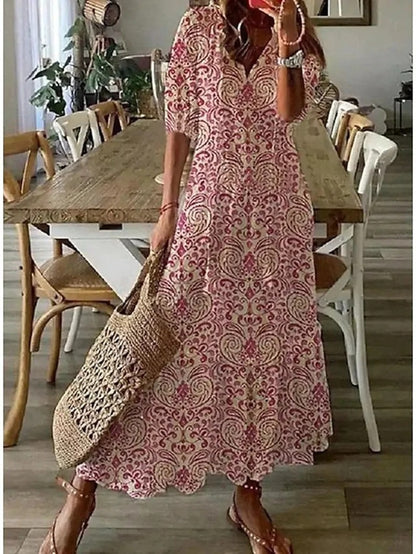 Women's Bohemian Maxi Dress with V-Neck and Flowy Fit for Autumn Casual Wear