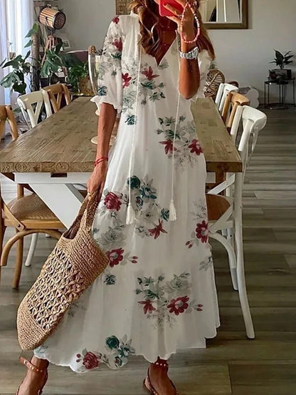 Women's Bohemian Maxi Dress with V-Neck and Flowy Fit for Autumn Casual Wear