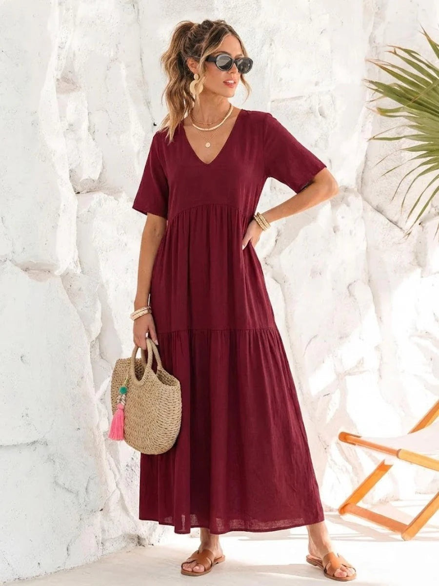 Women's Long Formal V-Neck Ruffle Dress Polyester Autumn Wear
