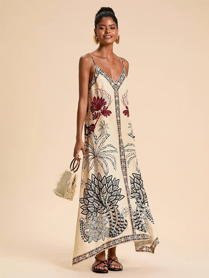 Women's Spaghetti-Strap Tropical Cotton Boho Maxi Dress Autumn