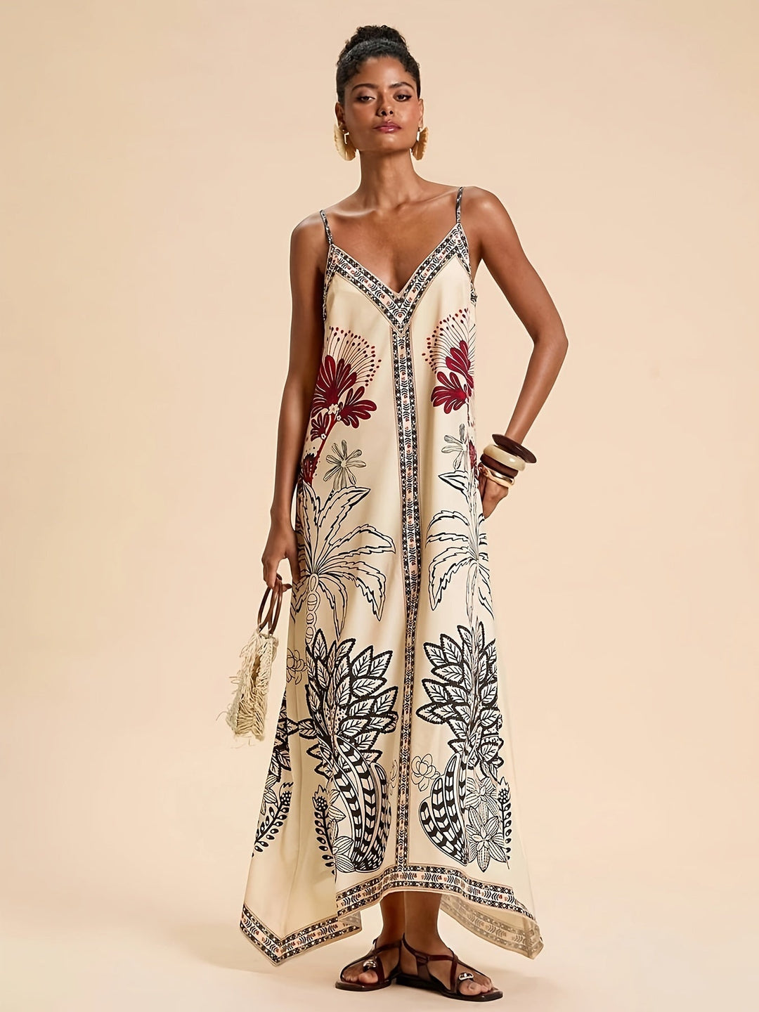 Women's Spaghetti-Strap Tropical Cotton Boho Maxi Dress Autumn