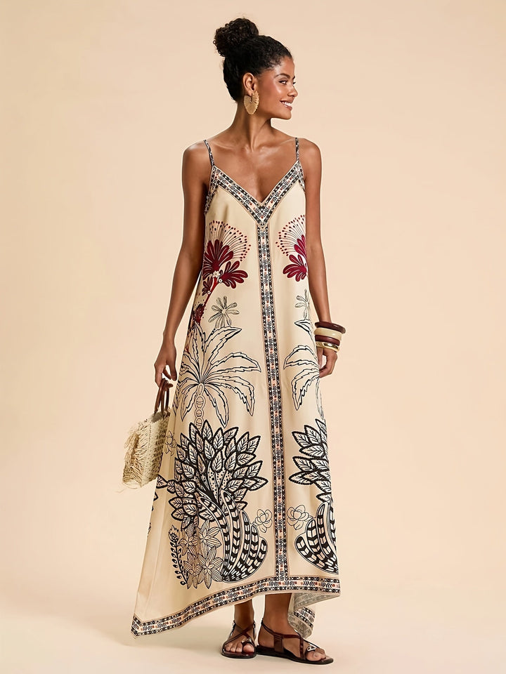Women's Spaghetti-Strap Tropical Cotton Boho Maxi Dress Autumn