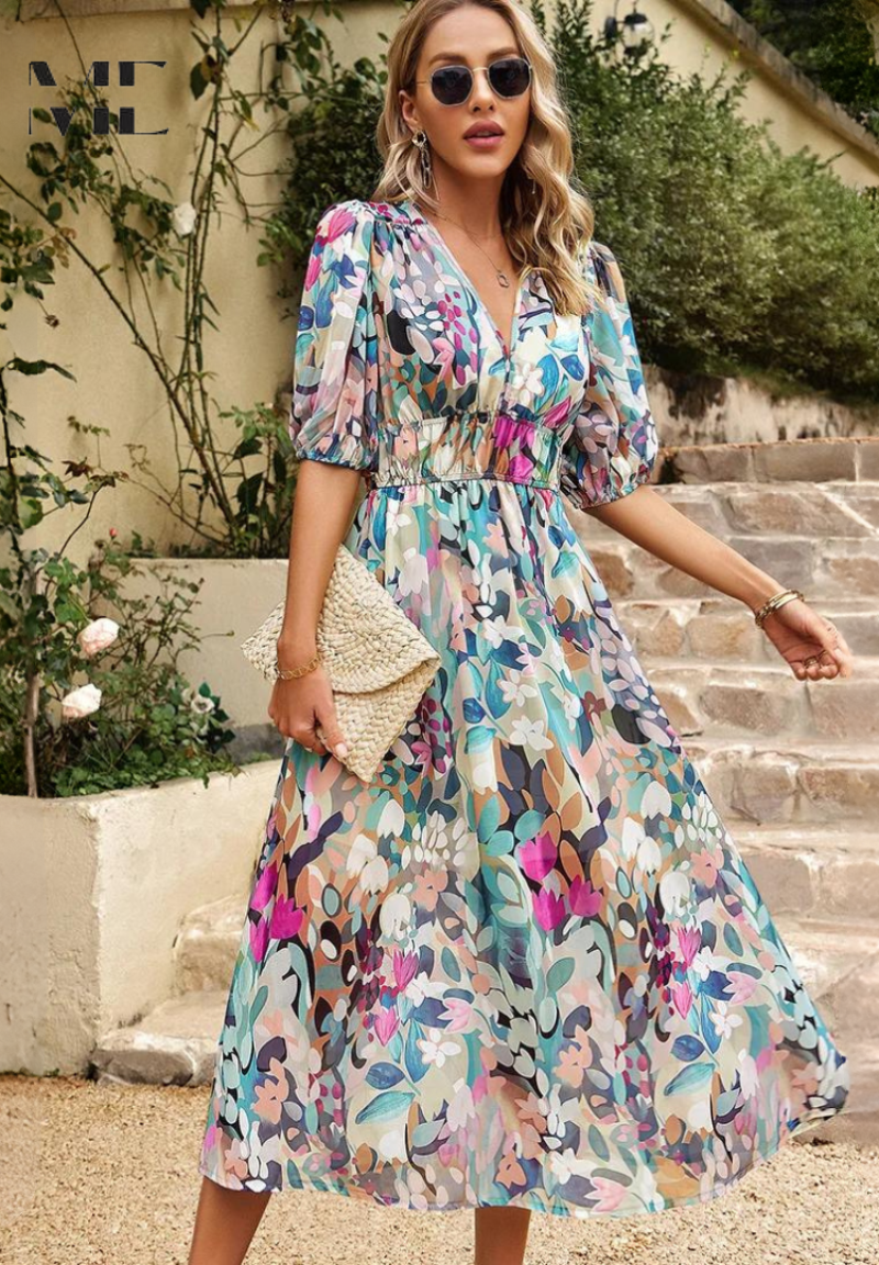 Women's Floral Midi Guest Dress Polyester Autumn Party Wear