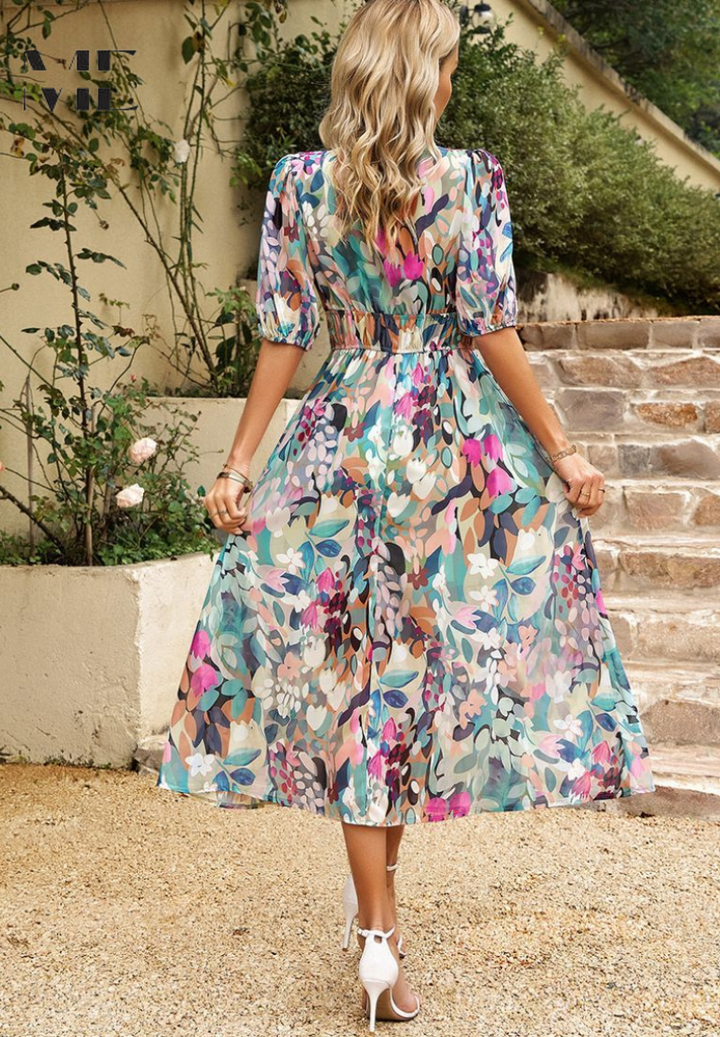 Women's Floral Midi Guest Dress Polyester Autumn Party Wear