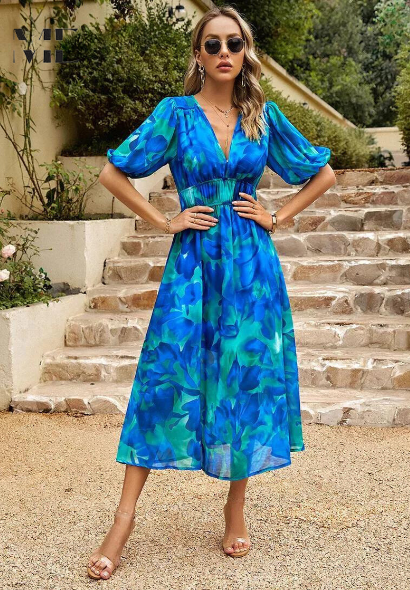 Women's Floral Midi Guest Dress Polyester Autumn Party Wear